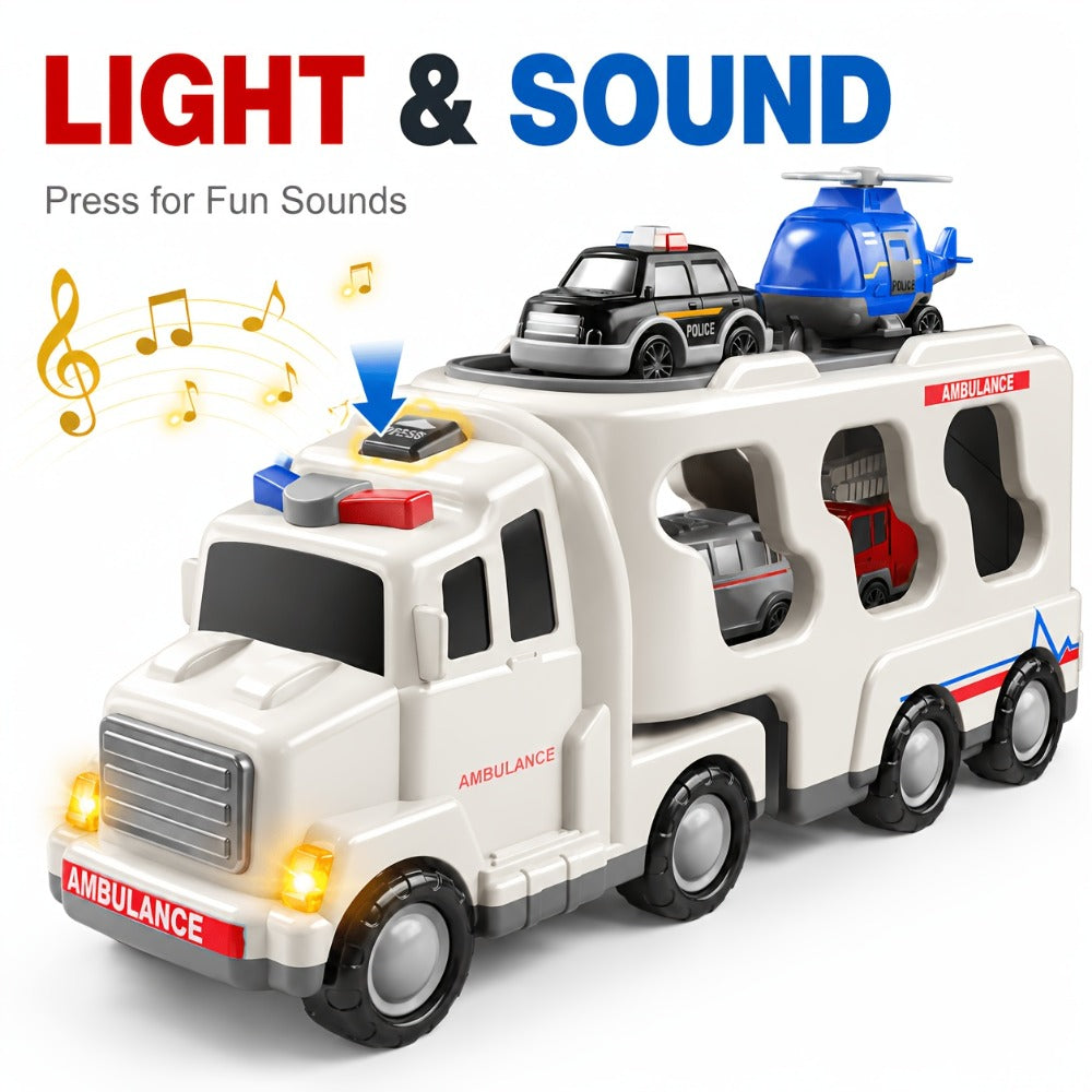 Ambulance Carrier Truck Toy 5-in-1 with Light and Sound for Kids 3-8, Friction Powered Rescue Vehicle Set with Fire Truck Police Car Helicopter Mini Cars, Birthday Christmas Gift for Boys Girls