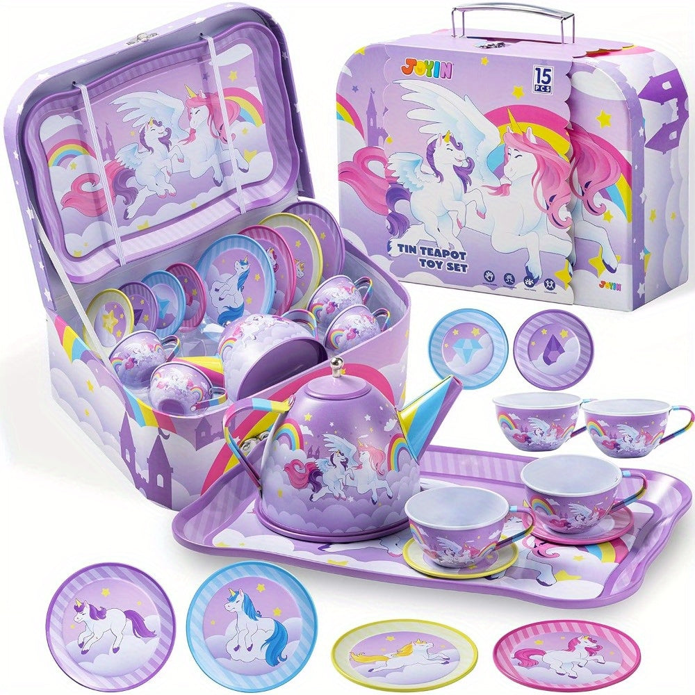 Unicorn Princess Tea Party Set For Little Girls: Purple Tin Teapot + Cups + Plates, Pretend Play Kitchen Toys For Kids, Perfect Easter/Birthday Gift For Kids Girls, Multi-Item Party Favor Packs For Children