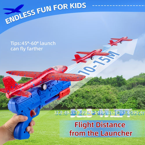 Foam Plastic Airplane Launcher Toy, Includes 1 Launcher, 3 Foam Airplanes, 2 Flight Modes Foam Glider Catapult Airplane, Outdoor Flying Toy, Suitable as a Birthday Gift for Boys and Girls Aged 3 and Above