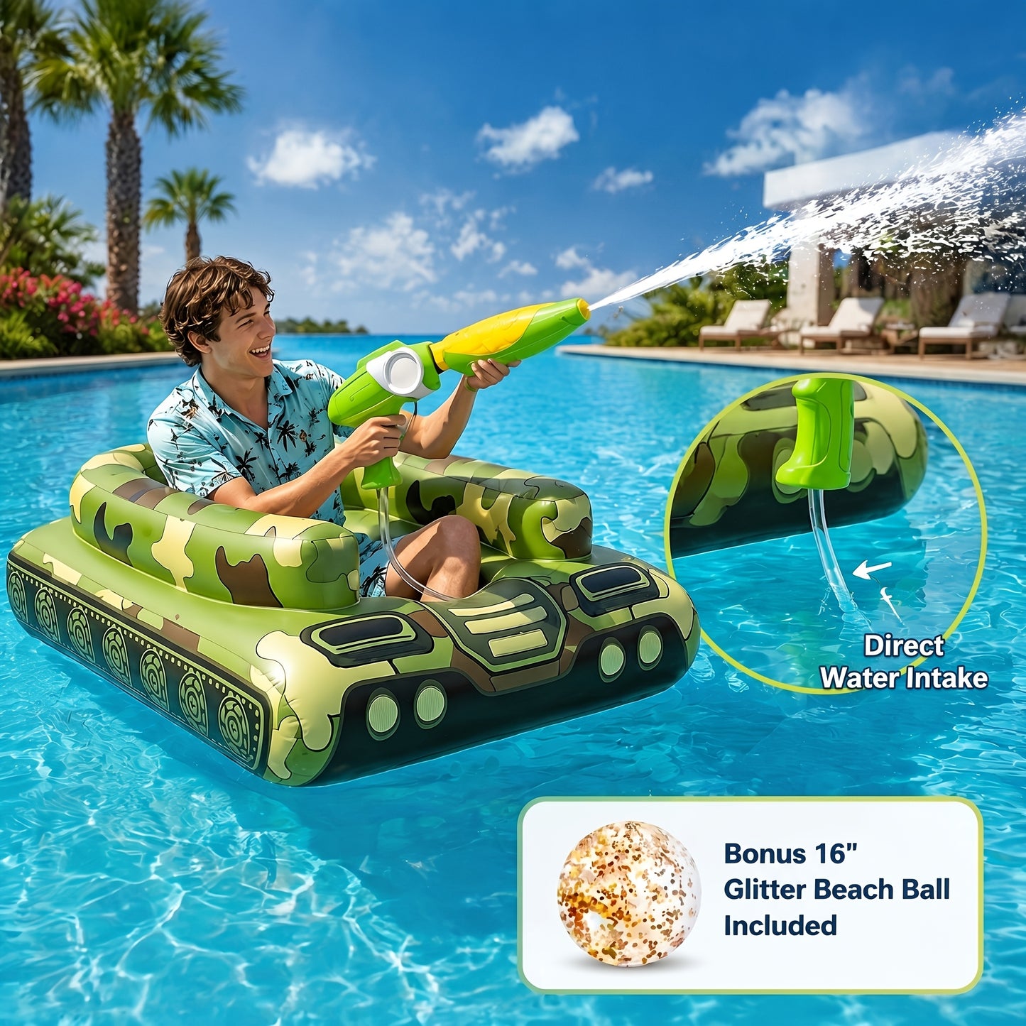 60-Inch X-Large Inflatable Pool Float For Adults, Heavy Duty Ride-On Pool Float, Built-in Sprayer System With 16-Inch Beach Ball, Durable PVC Blow-Up Raft For Lake, Beach, Summer Party Accessory, Outdoor Water Lounge