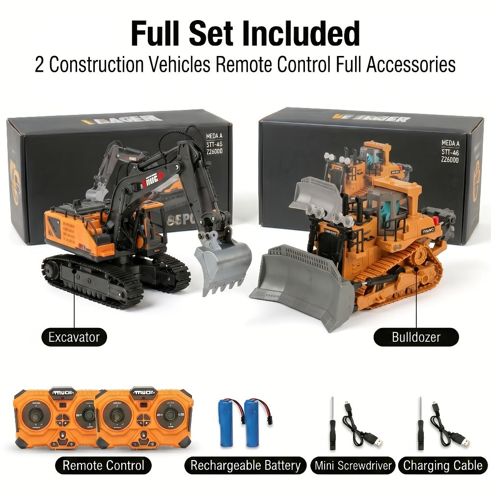 Remote Control Construction Vehicle Set 2/3/4pcs – 2.4G 11-Channel RC Excavator Dump Truck Bulldozer Alloy & Plastic Engineering Toy Car Kit for Kids Boys, Great Birthday Gift