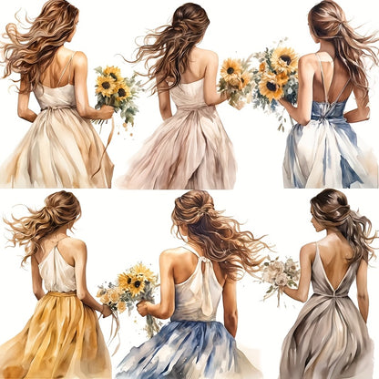 Stickers for Journals Featuring Girls with Floral Backgrounds in Two Styles, Including Artistic Cut-Out Stickers