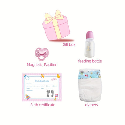 Pink Reborn Baby Doll 16 Inch Hand-Rooted Brown Hair Cloth Body Vinyl Limbs Hand-Painted Skin – Lifelike Newborn Girl Angie with Pacifier Feeding Container Birth Certificate, Gift for Kids Ages 3+