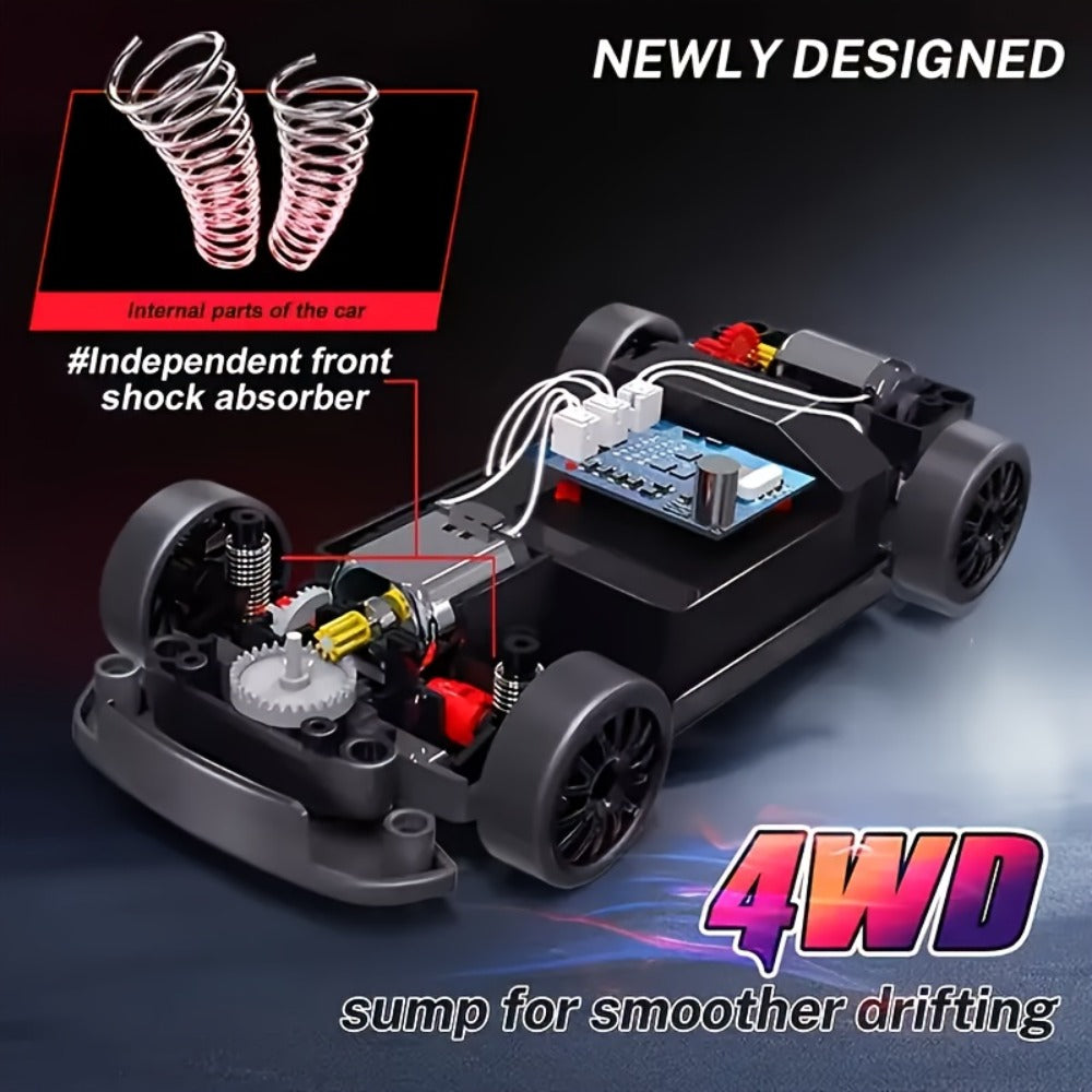 BSJ RC Drift Car 1:24 Scale 4WD 28KM/H Alloy Body with Drift Tires, LED Lights, Barricades & 2 Batteries – Crash-Resistant Racing Car for Boys & Girls, Birthday Christmas Gift (Black/Yellow)