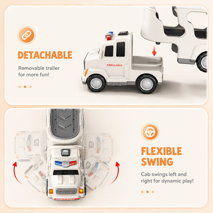 Babyhome Ambulance Truck 5 in 1 with Lighting & Sound, Friction Power Vehicle, Rescue Helicopter, Police Car, Fire Truck, Ambulance, Christmas, Birthday Gift, Interactive Toy Combination Toy Car