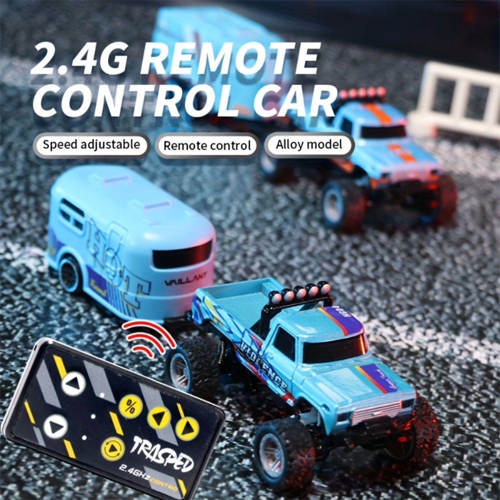 Mini RC Truck 1:64 Scale with Trailer – 2.4GHz Alloy Remote Control Monster Off-Road Pickup, Body Lights & Headlights, Rock Crawler Toy for Boys, Birthday Christmas Gift (Green/Gray/Blue)