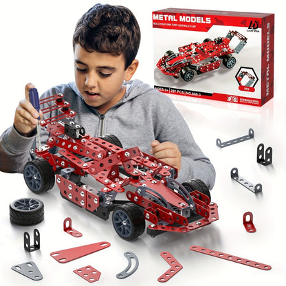 STEM Building Kit Model Car 283-287 Pcs Motorized Assembly Vehicle Toy with All-Terrain Tires & Openable Hood – Construction Toy for Boys Kids Ages 6+, Birthday Christmas Gift Red Green