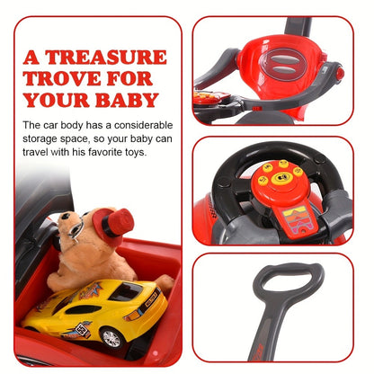 3-in-1 Toddler Push Ride & Walker Car – Baby Ride-On Toy with Guardrail, Music & Under-Seat Storage for Ages 18–36 Months | Indoor Outdoor Safe Play | Pink, Red