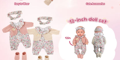 Floral Dress Baby Doll 12 Inch with Rabbit Plush Toy Gift Set – Realistic Vinyl Doll with Floral Outfit, Headscarf, Socks & Bunny Toy, Creative Dress-Up Playset for Girls Ages 3+, Birthday Holiday Gift