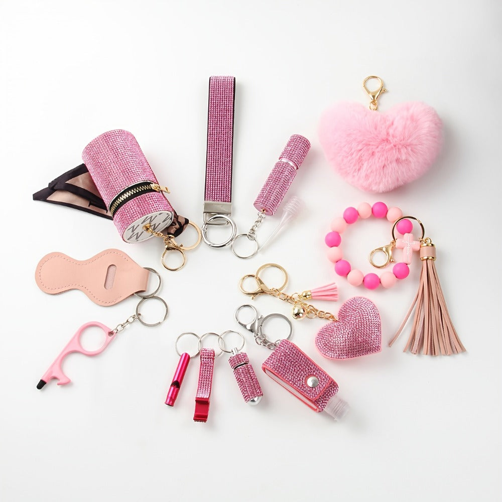 Women's Rhinestone Keychain Set 13-Piece – Safety Gadgets with Window Breaker Whistle Hand Sanitizer Holder Perfume Bottle Beaded Bracelet PU Tassel, Holiday Gift Box for Women