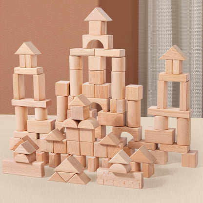 Natural Beech Wood Blocks 100 Piece Unpainted Solid Wooden Building Set – STEM Logical Thinking Toy for Kids Ages 3-12, Castle Stacking Sorting Educational Gift for Boys & Girls