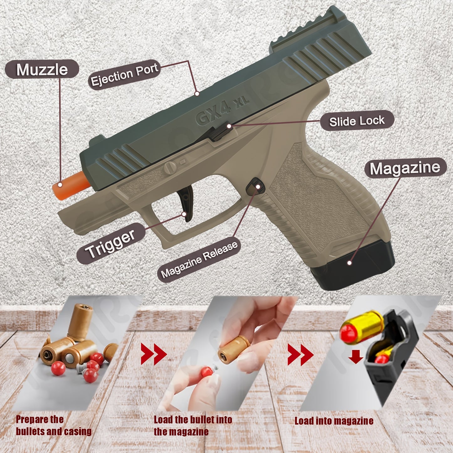 Soft Bullet Toy Guns, Soft Bullet Gun Toy ( 100 Bullets, 12 Shells, and 2 Magazines) Jumping Shell Automatic Rebound Decompression Can Be Empty Hanging Supply Clip, Educational Model Pistol Shooting