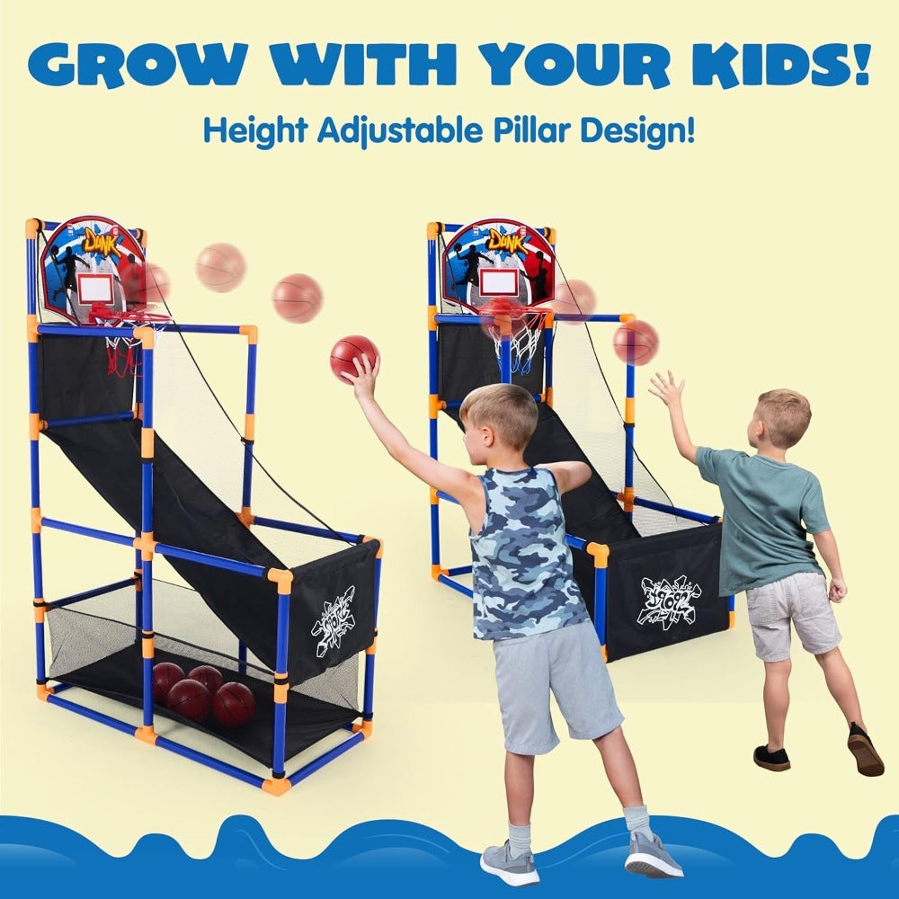 Kids Adjustable Basketball Hoop Set Arcade-Style Stand 4 Balls Air Pump 55 Inch Height Indoor Outdoor Sport Play Birthday Christmas Gift Boys Girls Ages 3+ Multicolor Red Blue