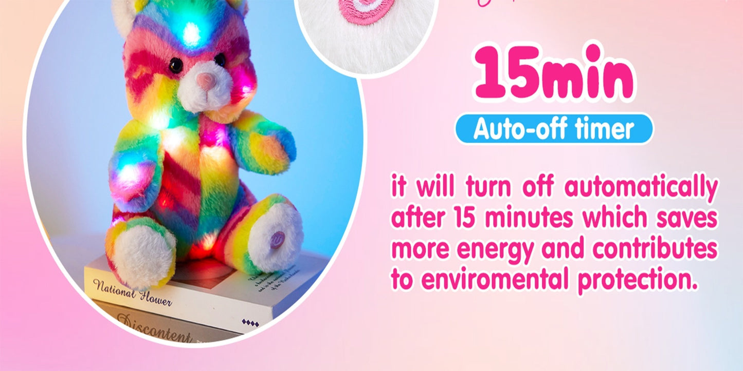 Rainbow Cat Plush Toy Glow in the Dark Musical Stuffed Animal Soft Kawaii Glowing Kitty Night Companion Doll Birthday Mother's Day Gift for Kids Girls Cat Lovers Room Decor