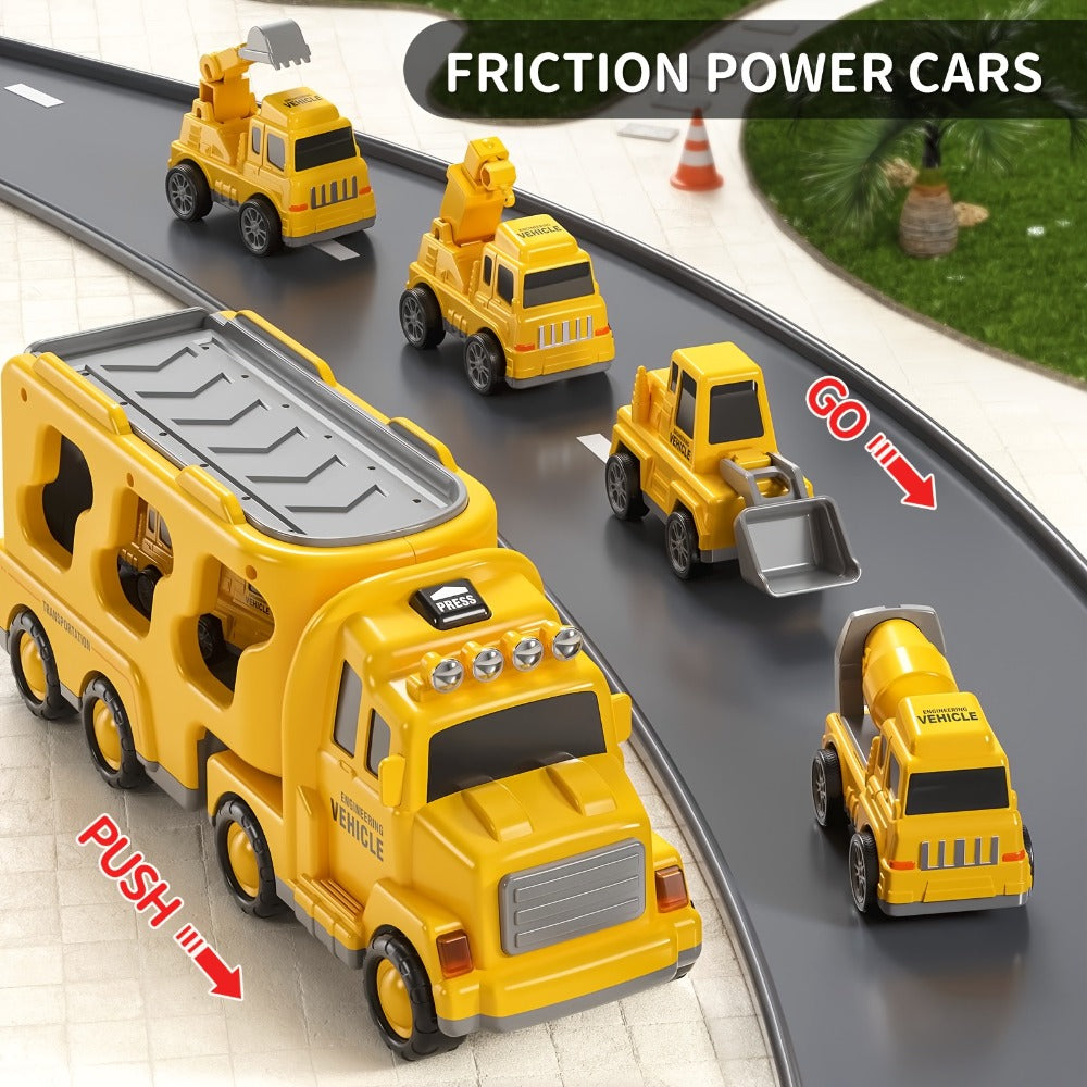 Construction Carrier Truck Toy Set for Kids 3-7, Large Transport Truck with 4 Mini Engineering Vehicles Excavator Mixer Crane Bulldozer, Friction Powered Yellow Toy for Boys Girls Birthday Gift