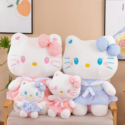 Hello Kitty Oversized Plush Stuffed Toy 13.78 Inch — Sanrio Licensed Dress-Up KT Cat Soft Doll, Kawaii Home Decor & Cuddle Pillow, Birthday Gift for Girls Teens Pink Blue Plaid