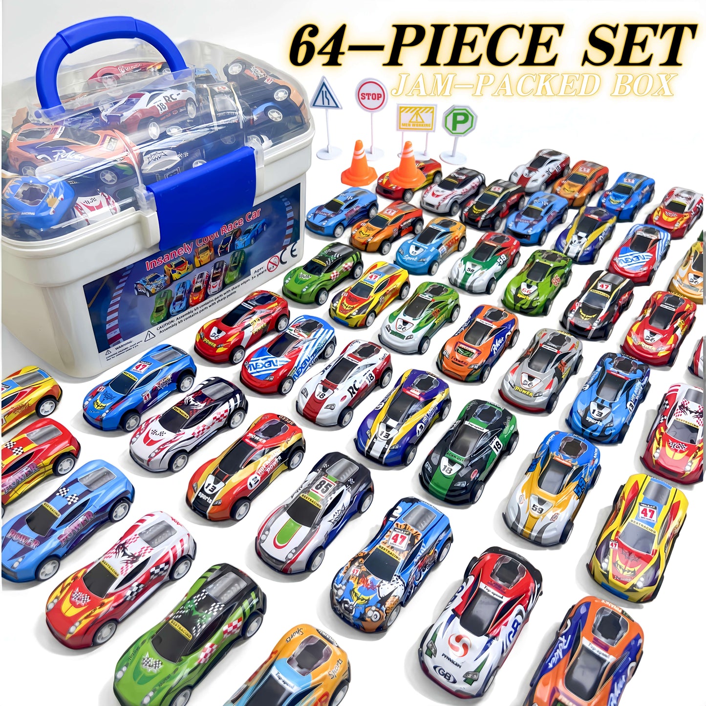 64pcs Toy Car Set with Storage Box & Foldable Play Mat - Pull-Back Metal Racing Cars, Educational And Fun Gift for School Activities, Children's Party Favors, Ideal for Boys & Girls Aged 3+ for Christmas, Thanksgiving, New Year & Birthday Presents