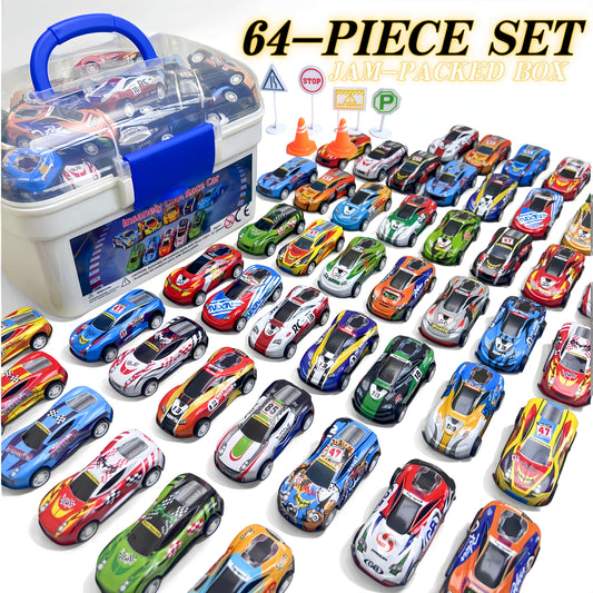 64pcs Toy Car Set with Storage Box & Foldable Play Mat - Pull-Back Metal Racing Cars, Educational And Fun Gift for School Activities, Children's Party Favors, Ideal for Boys & Girls Aged 3+ for Christmas, Thanksgiving, New Year & Birthday Presents