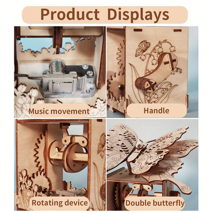 3D Wooden Puzzle Hand Butterfly Music Box You Are My Sunshine Handmade Assembly Model Kit Holidays Birthdays Christmas Gifts Halloween Party Favors