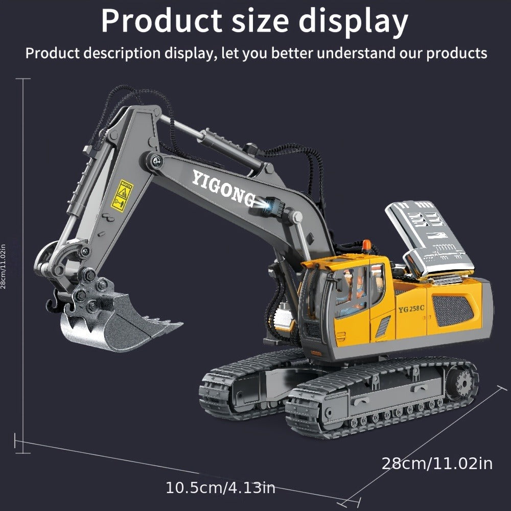 RC Excavator Toy 1:18 Scale 2.4GHz with Metal Scoop Lights Sound Effects 680-Degree Rotation, Remote Control Construction Vehicle Set Dump Truck Bulldozer Loader for Boys Ages 8+, Birthday Gift