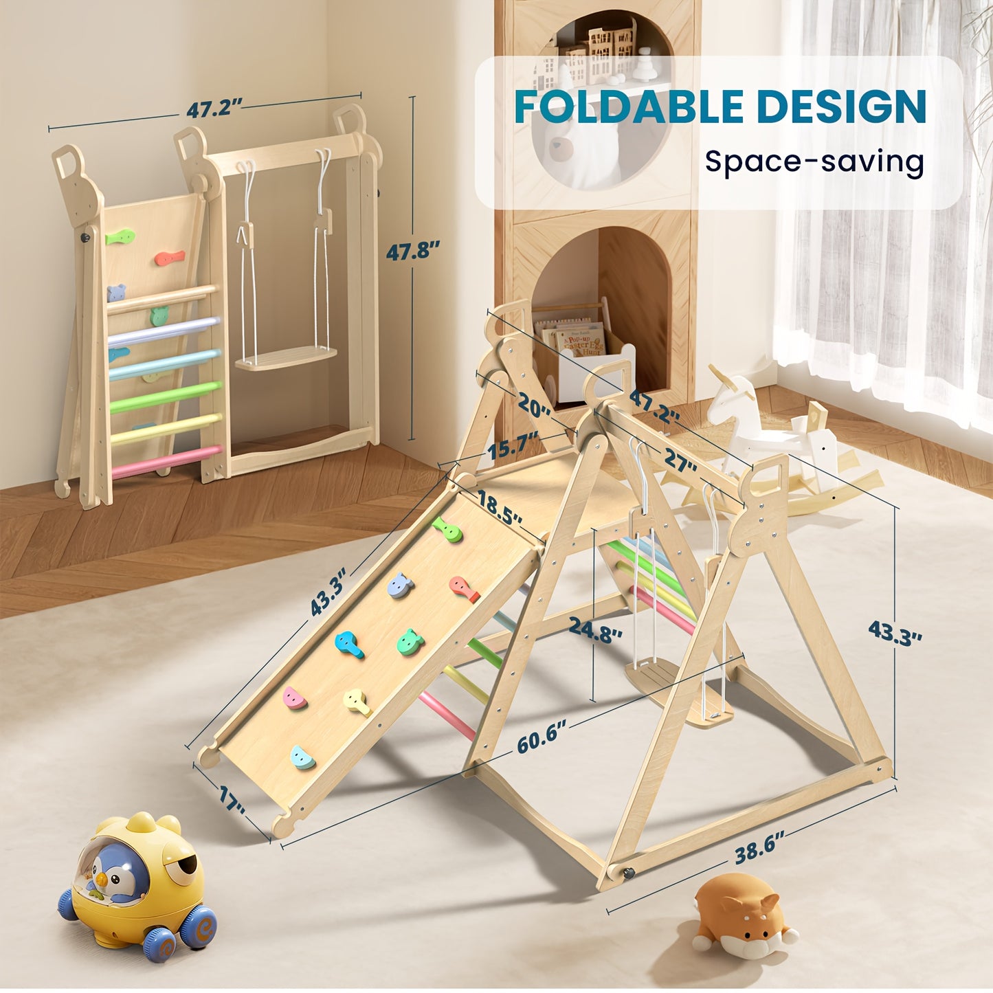 5-in-1 Foldable Indoor Jungle Gym for Toddlers Wooden Climbing Set with Slide, Swing, Ladder, Toddler Playground Playset for Kids 708.66inch+, Cognitive Development, Coordination (Rainbow, Blue).