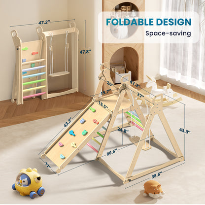 5-in-1 Foldable Indoor Jungle Gym for Toddlers Wooden Climbing Set with Slide, Swing, Ladder, Toddler Playground Playset for Kids 708.66inch+, Cognitive Development, Coordination (Rainbow, Blue).