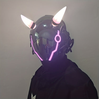 Electric Pink Punk Cosplay Mask with Helmet – Battery-Powered LED Full Face Mask for Halloween, Christmas, Easter, Rave Music Festival & Party, Unisex Adult Costume Prop, Cool Gift for Men & Women