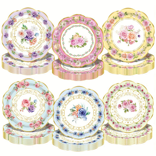 Floral Paper Plates 48 Pack – Disposable Tableware for Tea Parties, Birthday, Bridal Shower, Engagement, Wedding & Baptism Celebrations