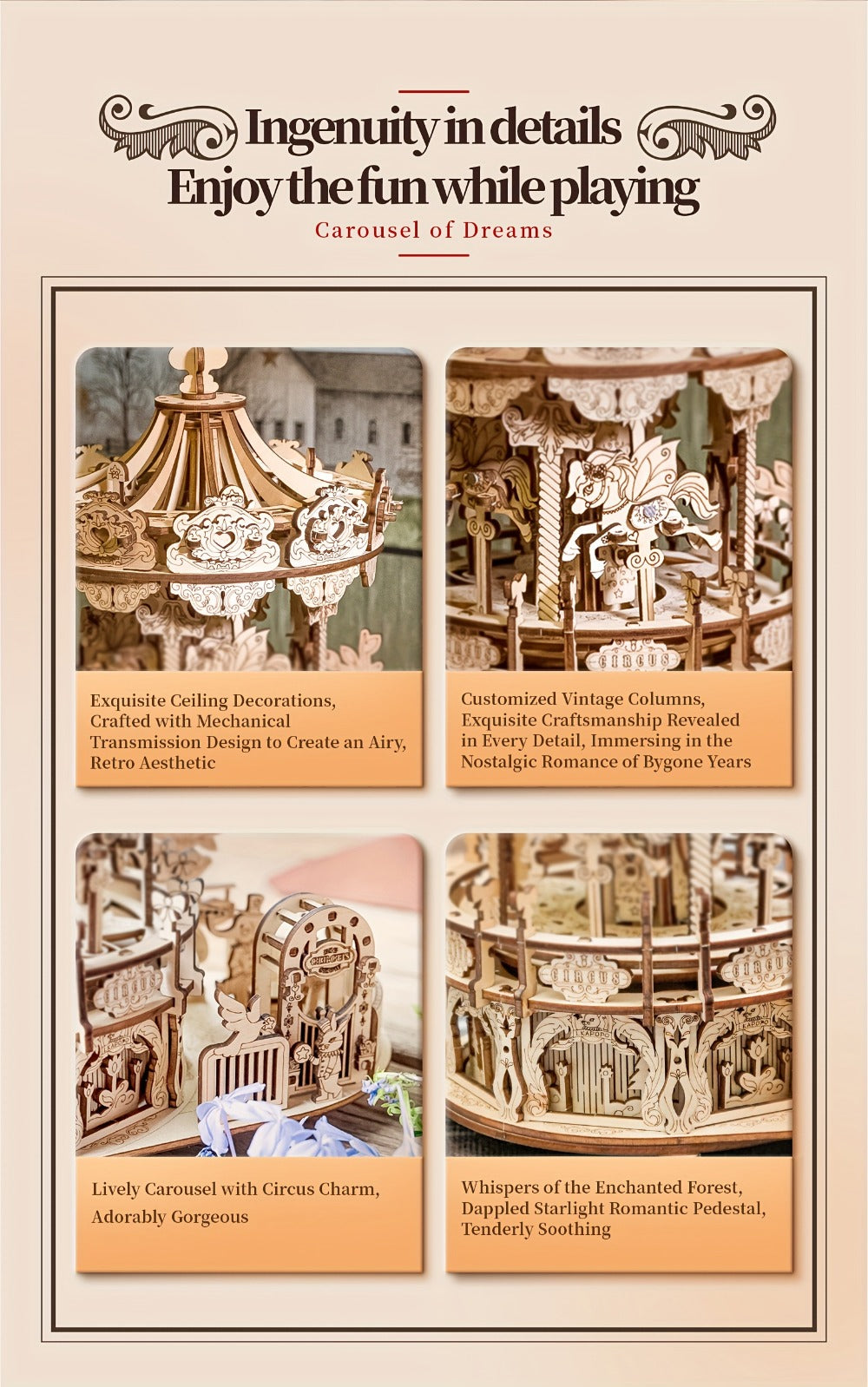 Rotating Merry-Go-Round Wooden Puzzle Kit – Mechanical Carousel 3D Model for Adults & Teens, DIY Kinetic Display Piece, Unique Christmas Birthday Gift (Treehouse, Cello, Airship, Pumpkin Styles)