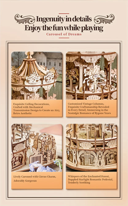 Rotating Merry-Go-Round Wooden Puzzle Kit – Mechanical Carousel 3D Model for Adults & Teens, DIY Kinetic Display Piece, Unique Christmas Birthday Gift (Treehouse, Cello, Airship, Pumpkin Styles)