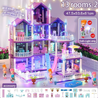 LED Dollhouse Playset for Girls – Purple Multi-Room Playhouse with Doll Figures, Puppies, Furniture & LED Lighting, 6 to 16 Room Options, Creative Imaginative Gift for Girls Ages 3-10 Birthday Christmas