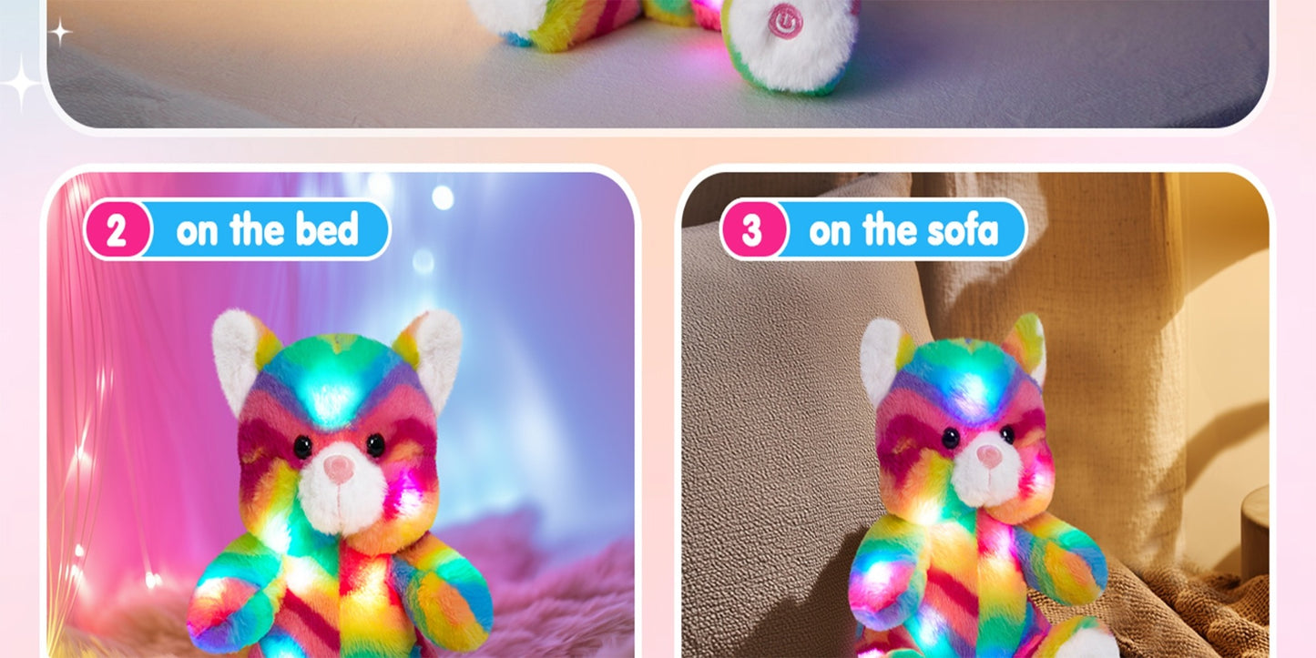 Rainbow Cat Plush Toy Glow in the Dark Musical Stuffed Animal Soft Kawaii Glowing Kitty Night Companion Doll Birthday Mother's Day Gift for Kids Girls Cat Lovers Room Decor