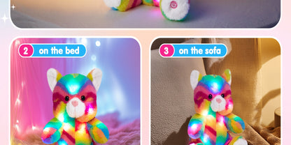 Rainbow Cat Plush Toy Glow in the Dark Musical Stuffed Animal Soft Kawaii Glowing Kitty Night Companion Doll Birthday Mother's Day Gift for Kids Girls Cat Lovers Room Decor