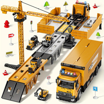 [Ideal Christmas] BABY HOME Multifunctional Construction Vehicle Container Truck Toy Set with Crane and Track Aged 3+, 4 Small Alloy Construction Truck, Foldable Double Racing Track, Realistic Sound & Flashing, Durable Construction Toy Vehicle, Ideal Chri