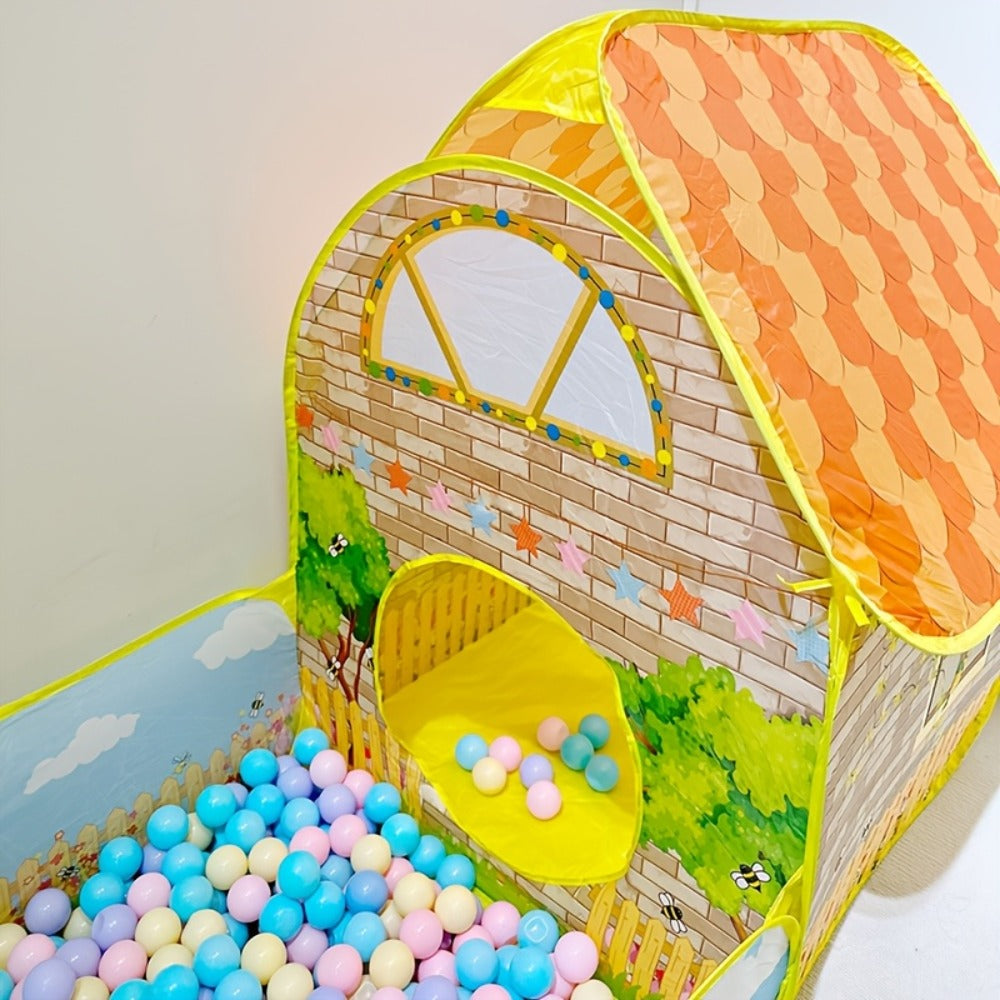 Kids Cottage Play Tent with Ball Pit – Cartoon Design Indoor Outdoor Playhouse, Imaginative Hideaway Fort for Toddlers, Fun Birthday Christmas Halloween Gift for Boys & Girls Ages 2+