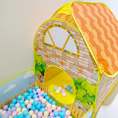 Kids Cottage Play Tent with Ball Pit – Cartoon Design Indoor Outdoor Playhouse, Imaginative Hideaway Fort for Toddlers, Fun Birthday Christmas Halloween Gift for Boys & Girls Ages 2+