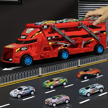 Red Transforming Launcher Truck Playset with 8 Alloy Cars - Foldable Storage Transporter Toy - Durable ABS Construction - Suitable for Ages 3+