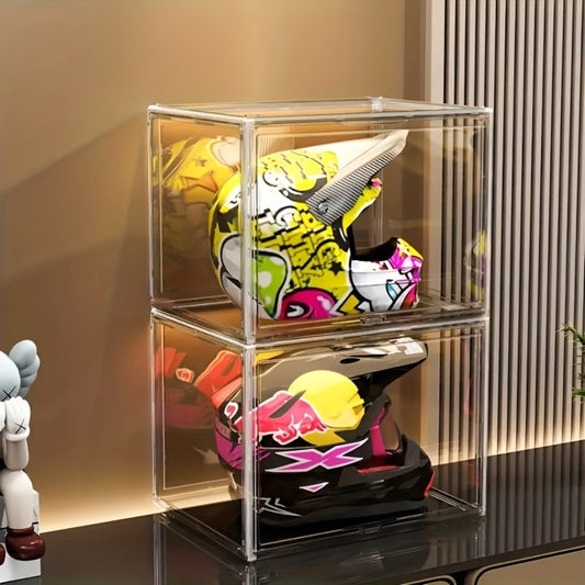 XL Clear Stackable Acrylic Storage Bins with Magnetic Lid – Dustproof Large Display Case for Figures, Collectibles, Helmets, Shoes, Bags, Books, 50L Foldable Organizer 1/2pcs