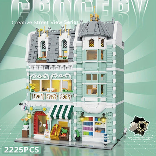 Modular City Street Building Blocks Set – European Architecture Scene with Grocery Store & Market Street, 3-Level Mini Brick Model, Creative Assembly Toy for Adults & Teens, Home Decor Display