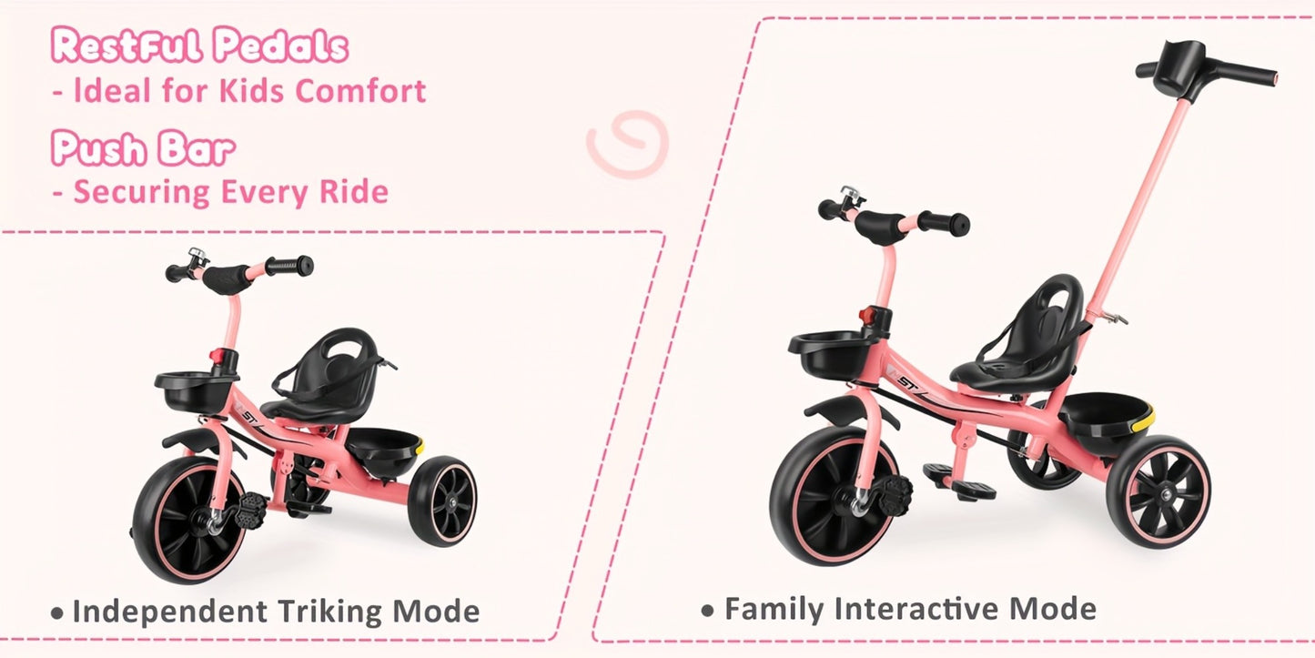 Push Handle Tricycle for Toddlers Girls Pink – 3 Wheel Trike Ages 18-60 Months with Padded Backrest, Safety Belt, Adjustable Seat | Best Birthday Gift for Kids 1 2 3 4 5 Year Old