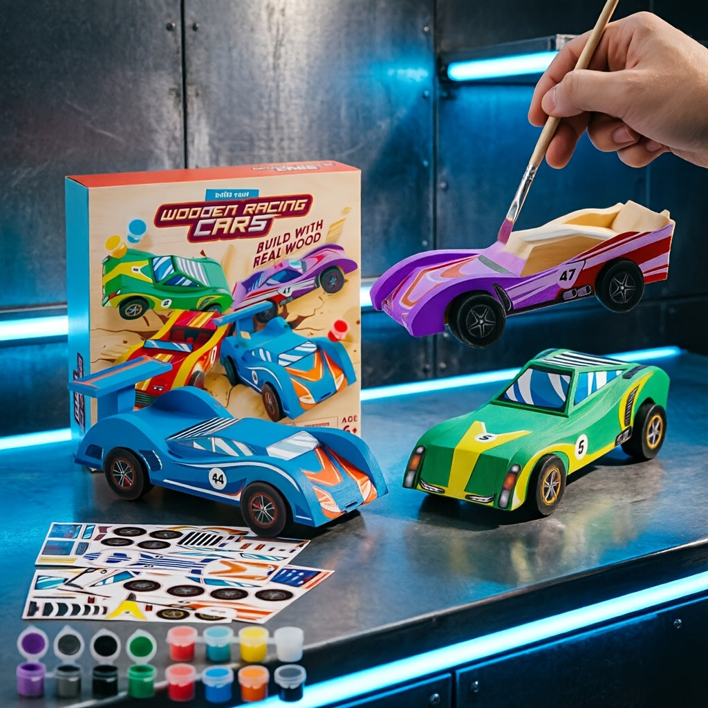4pcs Wooden Race Cars - Build Toy for Kids, Paint Your Own Wood Art Craft Kit Toy, 4pcs Race Cars Toy, Easy to Assemble Arts Crafts Kit, Christmas Birthday Party Gifts for Boys And Girls