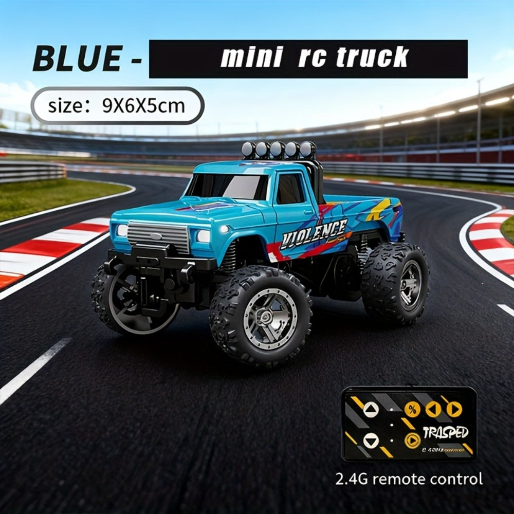 Mini RC Truck 1:64 Scale with Trailer – 2.4GHz Alloy Remote Control Monster Off-Road Pickup, Body Lights & Headlights, Rock Crawler Toy for Boys, Birthday Christmas Gift (Green/Gray/Blue)