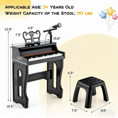 Kids Piano Set 37 Keys with Microphone, Detachable Music Stand & Stool, 22 Demos 8 Tones 8 Percussion Effects, Multifunctional Educational Piano Learning Toy for Toddlers Boys & Girls Ages 3+, Black