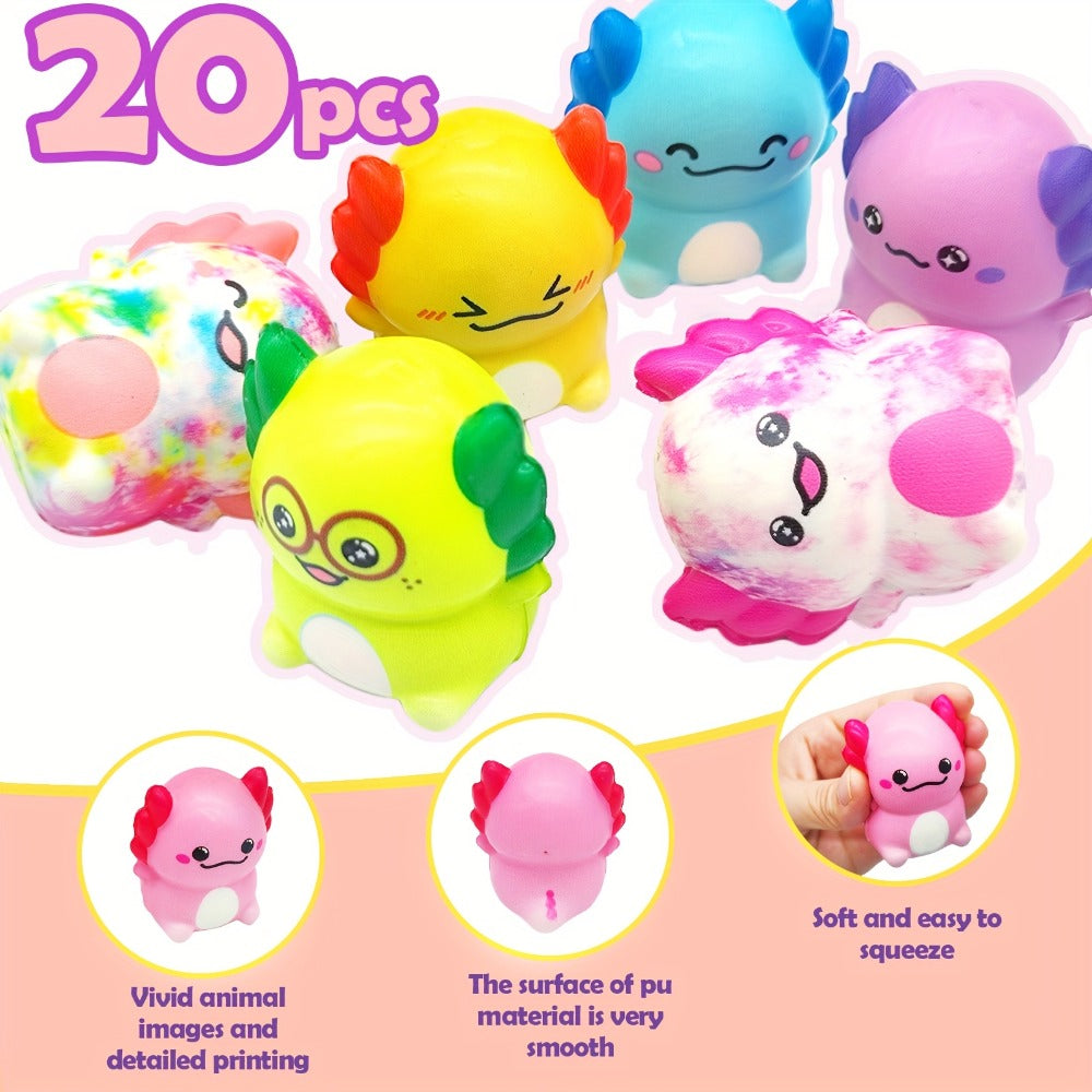 Axolotl Squishy Toys 20 Pack Slow Rising Fidget Sensory Stress Relief Toys for Kids, Cute Salamander Newt Ice Cream Shape Squeeze Toys, Individually Wrapped Party Favors Classroom Prizes for Boys Girls