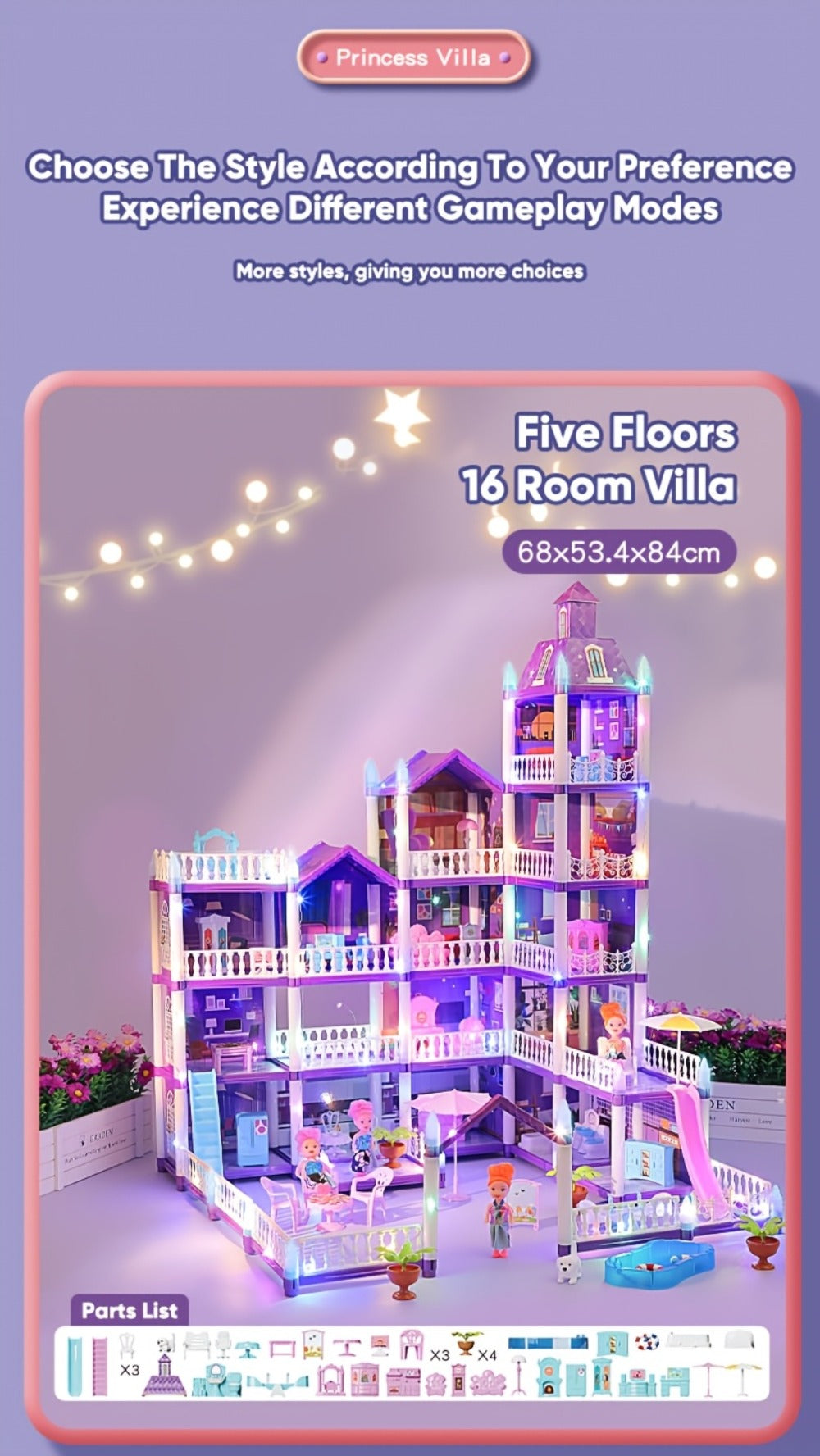 LED Dollhouse Playset for Girls – Purple Multi-Room Playhouse with Doll Figures, Puppies, Furniture & LED Lighting, 6 to 16 Room Options, Creative Imaginative Gift for Girls Ages 3-10 Birthday Christmas