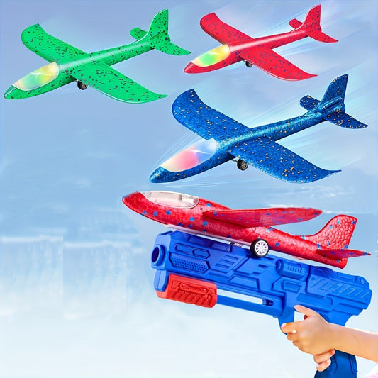 Foam Plastic Airplane Launcher Toy, Includes 1 Launcher, 3 Foam Airplanes, 2 Flight Modes Foam Glider Catapult Airplane, Outdoor Flying Toy, Suitable as a Birthday Gift for Boys and Girls Aged 3 and Above