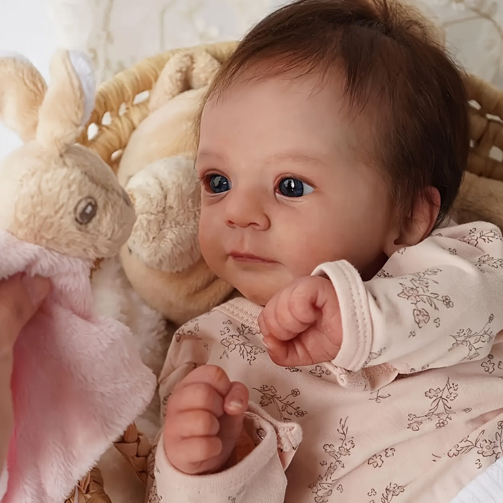 Pink Reborn Baby Doll 16 Inch Hand-Rooted Brown Hair Cloth Body Vinyl Limbs Hand-Painted Skin – Lifelike Newborn Girl Angie with Pacifier Feeding Container Birth Certificate, Gift for Kids Ages 3+