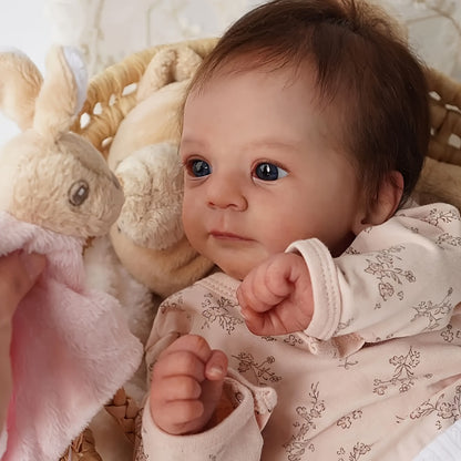 Pink Reborn Baby Doll 16 Inch Hand-Rooted Brown Hair Cloth Body Vinyl Limbs Hand-Painted Skin – Lifelike Newborn Girl Angie with Pacifier Feeding Container Birth Certificate, Gift for Kids Ages 3+