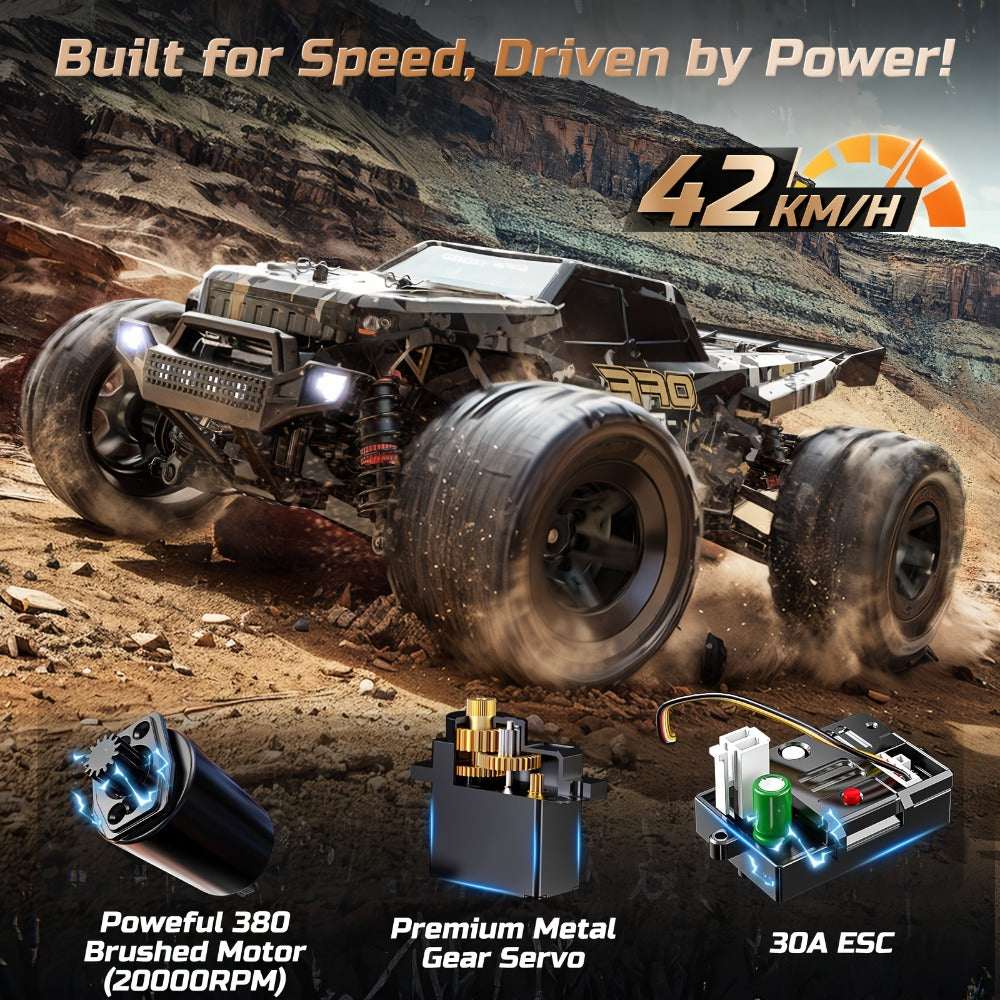 DEERC 1/16 All-Metal 42KM/H RC Truck 4WD Off-Road Monster Truck with Dual 1500mAh Batteries, LED Headlights & Wheelie Bar – High Speed Remote Control Car for Adults & Hobbyists (Black)