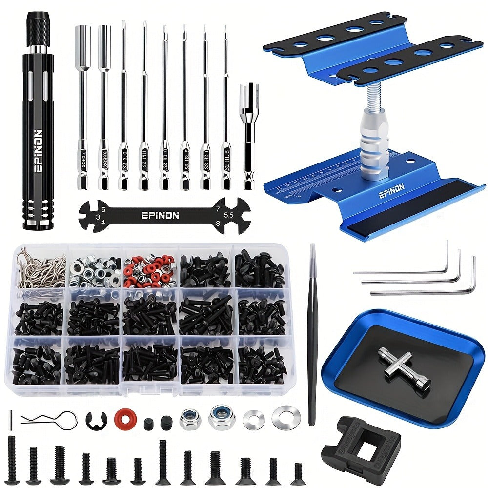 RC Car Maintenance Stand Tool Kit – EPINON 360° Rotating Work Stand with 520PCS Screws, Aluminum Screwdriver Set & Tray, Compatible with 1/8 1/10 1/12 1/16 1/18 Scale RC Cars Crawlers Trucks Buggies (Red/Blue)